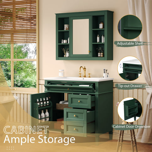 Bathroom Vanity With Top Sink, Storage Cabinet With Mirror, 2 Doors, 3 Drawers, 6 Open Shelves