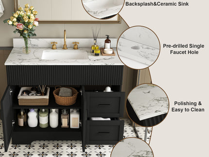 Bathroom Vanity Set, Fluted Cabinet, Soft Close Doors With Drawers, Single Faucet Hole, Sink Included - Black