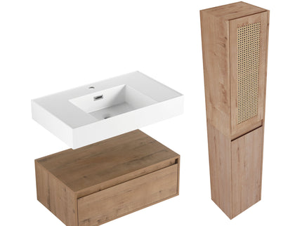 Contemporary Wall Mounted Bathroom Vanity With Resin Sink And 2 Side Cabinet - Imitative Oak