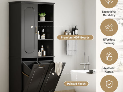 Freestanding Tall Storage Cabinet With 2 Tilt Out Hampers