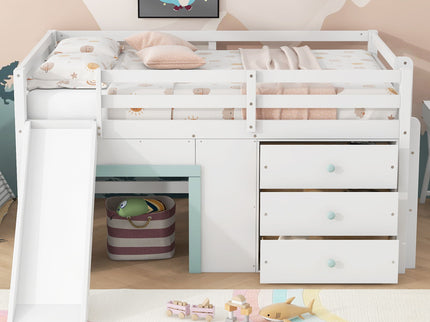 Modern Low Loft Bed With Slide, 3 Storage Drawers, And 2 Doors