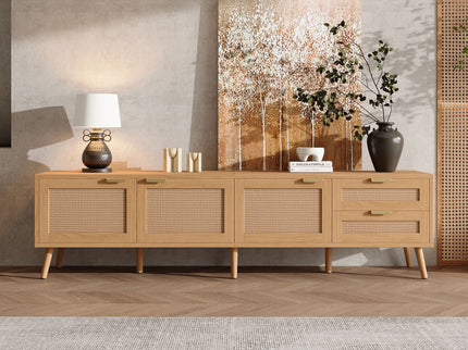 TV Stand, Media Console, 2 Drawers & Cable Management - Natural Wood