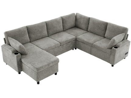 U-Shaped Sectional Sleeper Sofa With Ample Storage Space, 2 Cup Holders And Charging Ports For Living Room