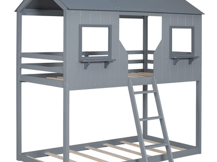 Twin Over Twin Bunk Bed With Roof, Window, Guardrail, Ladder