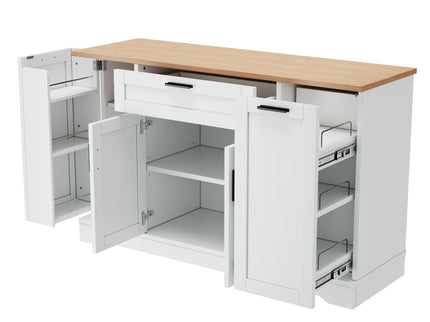 Sideboard With Extendable Table, Adjustable Shelves, 3 Tier Pull Out Rack - White