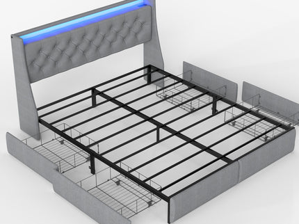 Platform Bed Frame With RGB LED Lights, Charging Station, Storage Headboard & 4 Underbed Drawers
