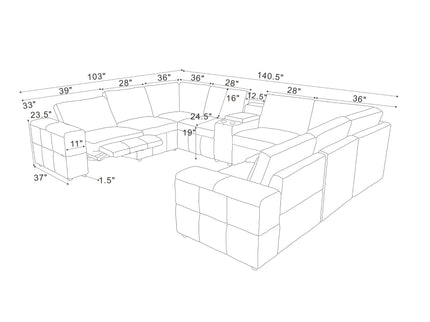 Upholstered Large Arms Sectional With Recliner Seats