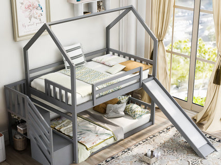 Twin Over Twin House Bunk Bed With Convertible Slide, Storage Staircase