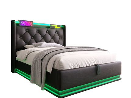 Upholstered Bed, 360 Surround LED Function, Remote Control, Hydraulic Storage Bed With USB, Type-C Charging (Without Mattress)