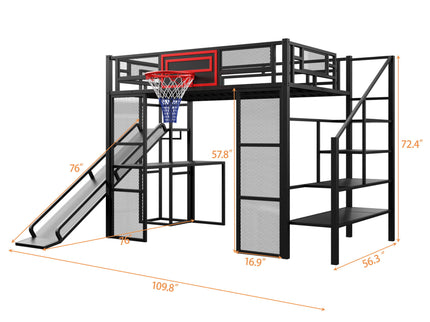 Loft Bed With Built In Desk, Open Wardrobe, Basketball Hoop, Slide And Staircase