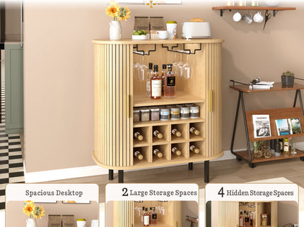 Fluted Wine Bar Cabinet With 8 Grid Wine Rack, 5 Level Adjustable Shelves, 2 Glass Holders