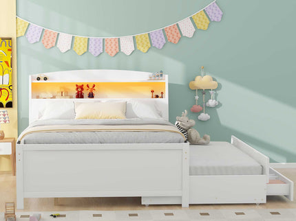 Full Size Platform Bed With Storage LED Headboard, Twin Trundle And 3 Drawers - White