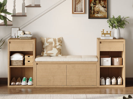 Entryway Storage Bench With Cushion, Drawers & Open Shelves