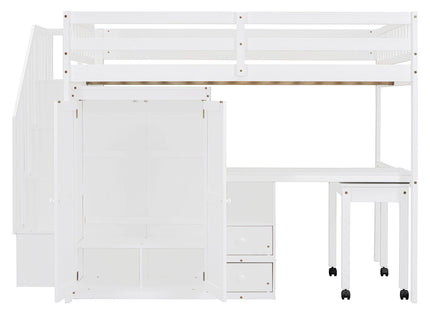 Loft Bed With Stairs, Bookshelf, Drawers, Desk & Wardrobe, Space Saving Multifunctional Furniture