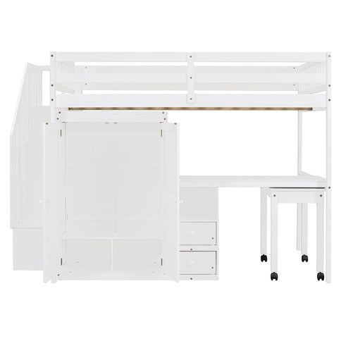 Loft Bed With Stairs, Bookshelf, Drawers, Desk & Wardrobe, Space Saving Multifunctional Furniture