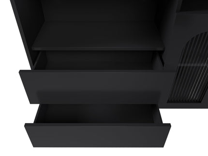 Kitchen Island With Extendable Rotating Table, 4 Drawers & Glass Door Cabinets, Built In Socket - Black