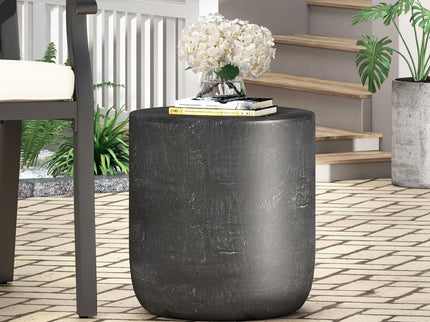 Outdoor Lightweight Concrete End Table With Natural Texture - Matte Black