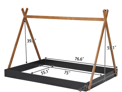 Full Size Tent Floor Bed With Triangle Structure, Low Profile Design - Black / Brown