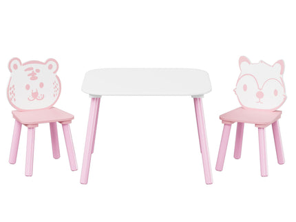 Table And Chair Set, 3 Piece Wooden Toddler Desk With Animal Backrest - Pink / White