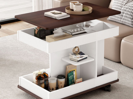 Adjustable End Table With Wheels, 360°Rotating Top And Storage Space