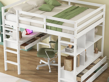 Full Size Loft Bed With Built In Desk, 2 Drawers, Storage Shelves - White