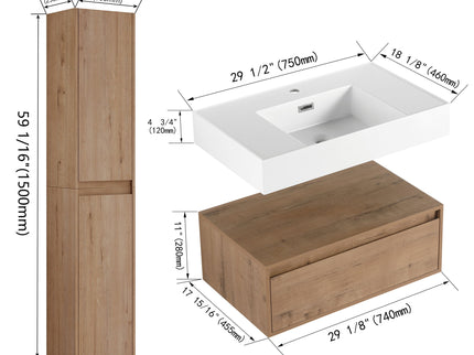 Modern Wall Mounted 30 Inch Bathroom Vanity With Resin Sink And 2 Side Cabinet In Imitative - Imitative Oak
