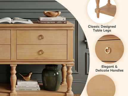 Console Table With 4 Soft Close Drawers, Thick Bottom Shelf For Living Room - Natural