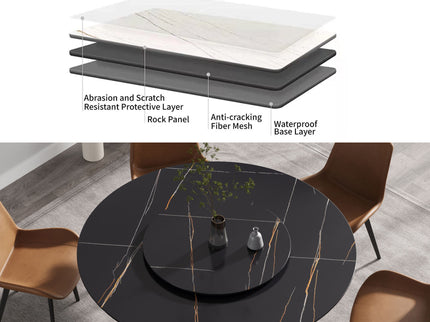 Modern Artificial Stone Round Carbon Steel Base Dining Table, Can Accommodate 6 People Artificial Stone Turntable - Black