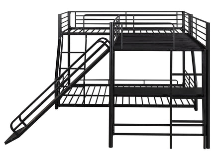 L-Shaped Twin Over Full Bunk Bed With Twin Loft, Built In Desk And Slide - Black