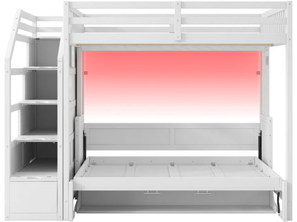 Full Long Loft Bed With Storage Staircase, Murphy Bed, LED Light - White