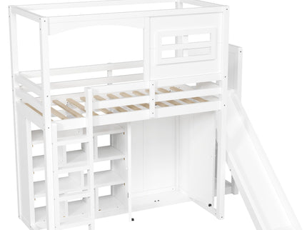 Twin Size Loft Bed With Wardrobe, Storage Shelves, Slide And LED - White