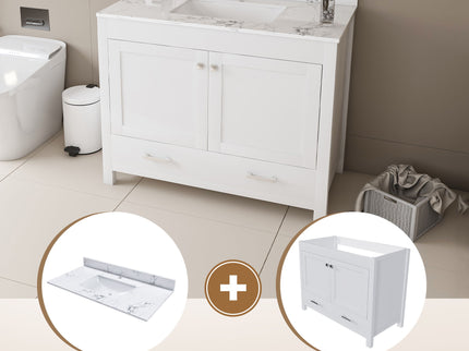 43" Bathroom Vanity With Artificial Marble Carrara Top Set, Multi Functional Cabinet With Doors And Drawer - White