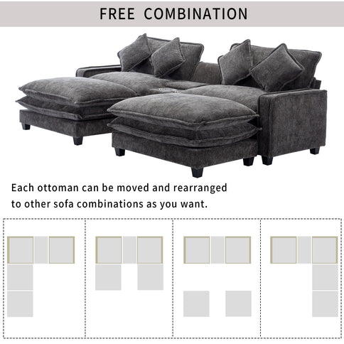 Modern Sectional Sofa With Removable Ottomans, USB Ports