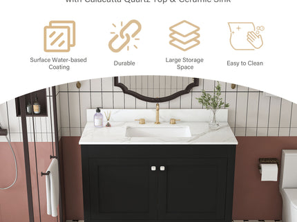 Bathroom Vanity Set, Fluted Cabinet, Soft Close Doors & Drawers, 3 Faucet Holes, Sink Included - Black