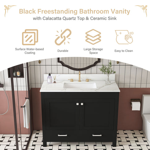 Bathroom Vanity Set, Fluted Cabinet, Soft Close Doors & Drawers, 3 Faucet Holes, Sink Included - Black