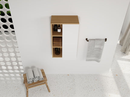 Wall Mounted Bathroom Side Cabinet, Single Door With 3 Tier Open Shelves - Black / Light Oak / White