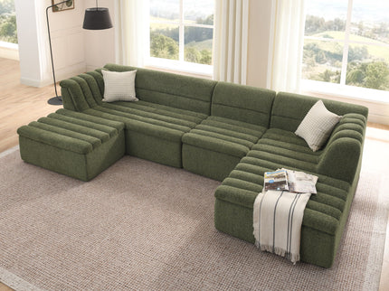U-Shaped Modular Sectional Sofa With Chaise And Movable Ottoman With Wave-Shaped Armrest
