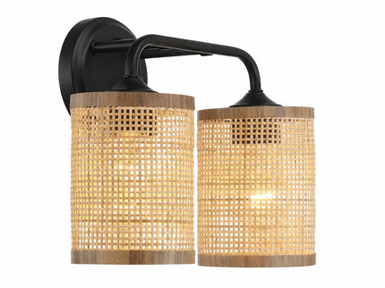 Quell - Double Light Vanity With Natural Shade Wall Lamp - Black / Rattan