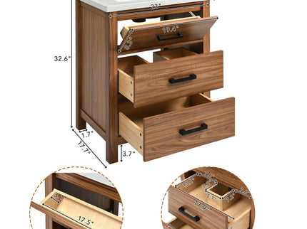 24'' Bathroom Vanity With Basin Sink, 3 Drawer Storage Cabinet - Natural Wood