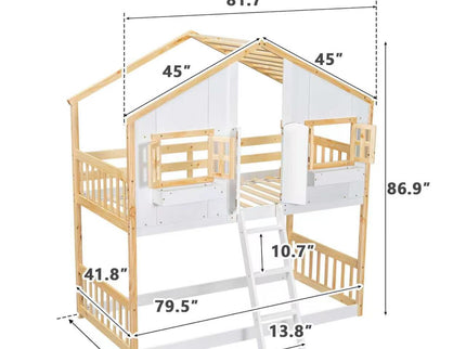 House Bunk Bed With Roof, Window, Window Box, Door, With Safety Guardrails And Ladder