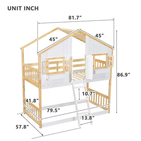 House Bunk Bed With Roof, Window, Window Box, Door, With Safety Guardrails And Ladder