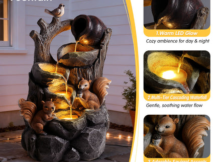 Outdoor Squirrel, Tiered Waterfall Fountain With LED Light For Patio - Gray