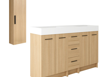 Double Sink Bathroom Vanity Set With Tall Linen Cabinet, 3 Drawers, Extra Large Storage, Integrated Sink, Freestanding Cabinet - Light Oak / White