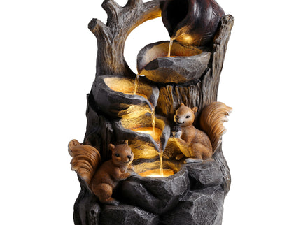 Outdoor Squirrel, Tiered Waterfall Fountain With LED Light For Patio - Gray