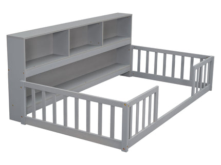 Floor Bed With Bedside Bookcase, Shelves, Guardrails