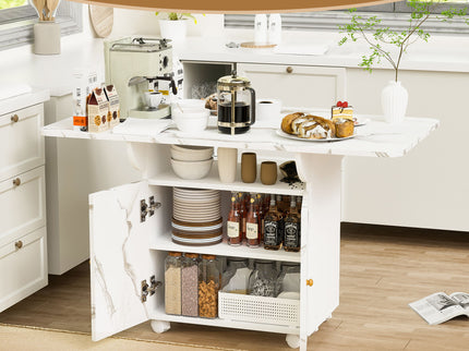 Versatile Marble Folding Dining Table With Storage Rack And Cabinet, 6 Wheels - White