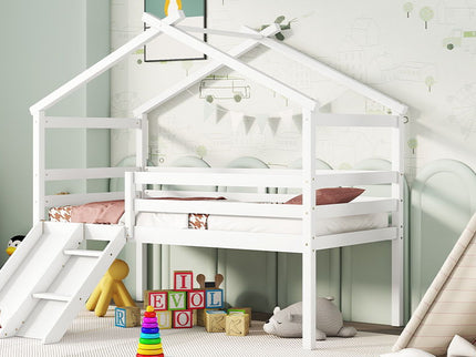 Low Loft House Bed With Slide, Ladder, Safety Guardrails, House Roof Frame