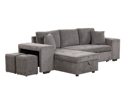 Modern L-Shape 3 Seat Reversible Sectional Couch, Pull Out Sleeper Sofa With Storage Chaise And 2 Stools For Living Room Furniture Set