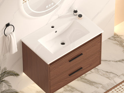 Wall Mounting Bathroom Vanity With Soft Close 2 Drawer, Sink - Reddish Brown