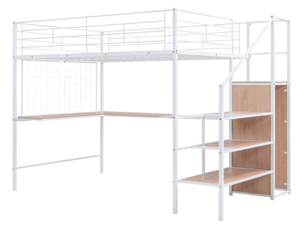 Loft Bed With Desk And Grid, Stylish Frame With Lateral Storage Ladder And Wardrobe